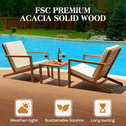 3-Pc Patio Set - Ergonomic Chairs (400lbs Capacity) w/ Waterproof Cushions + Wood Table