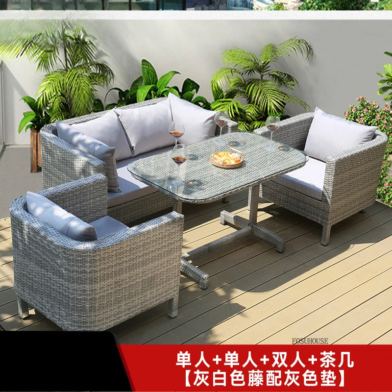 European Outdoor Garden Sofas Leisure PE Rattan Garden Terrace Sofa Chair Set Courtyard Balcony Double Sofa Outdoor Furniture AA