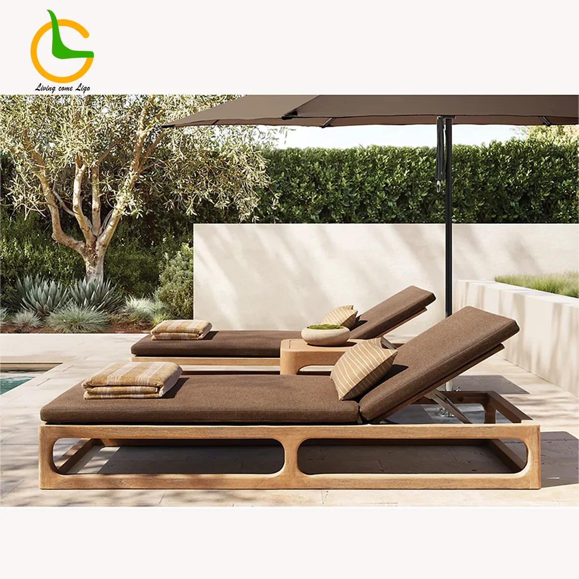 Modern style sun lounger for outdoor hollow solid wood sun lounger for swimming pool garden outdoor terrace