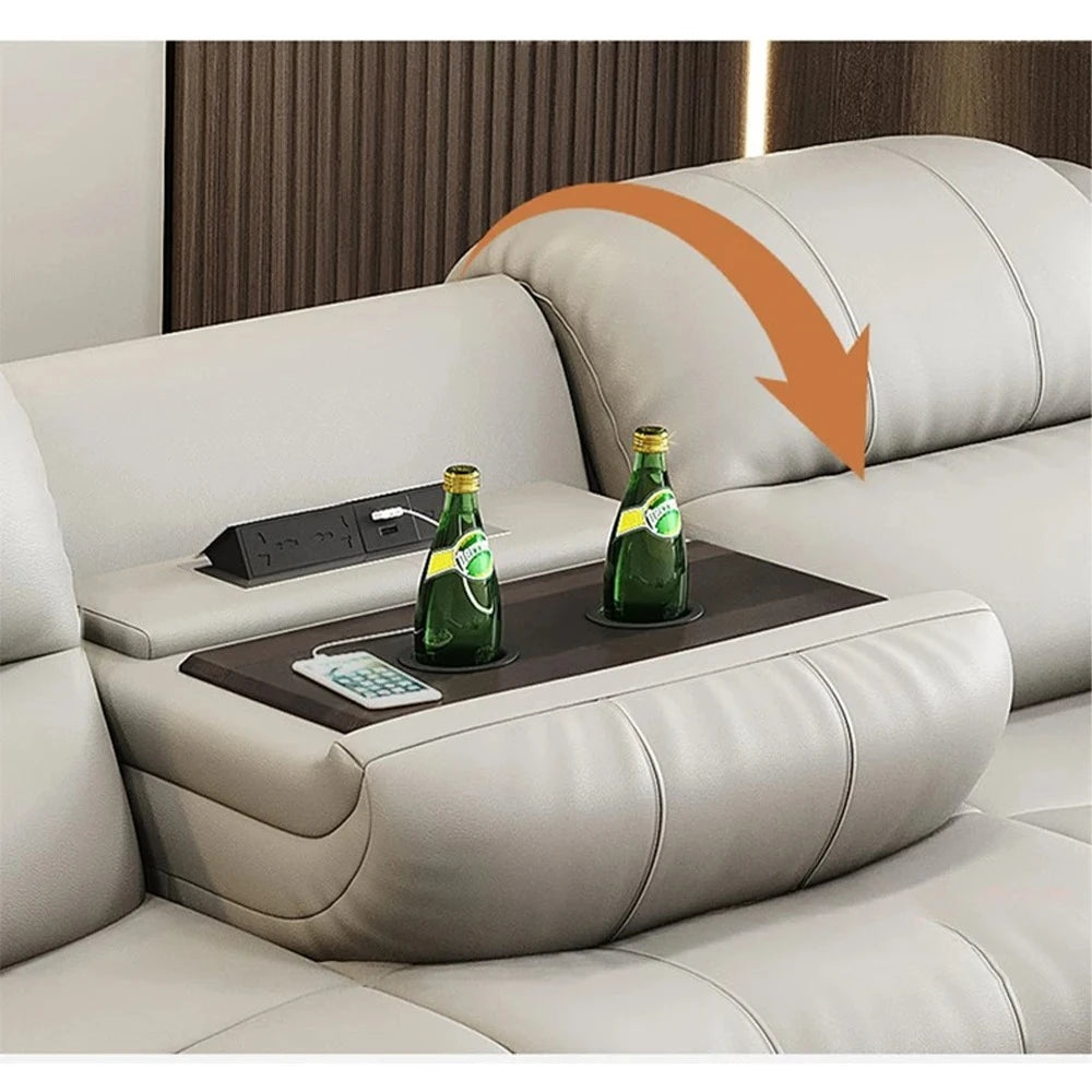 Sofa with Power Outlet, USB, and Hidden Cup Holders – Genuine Leather Recliner