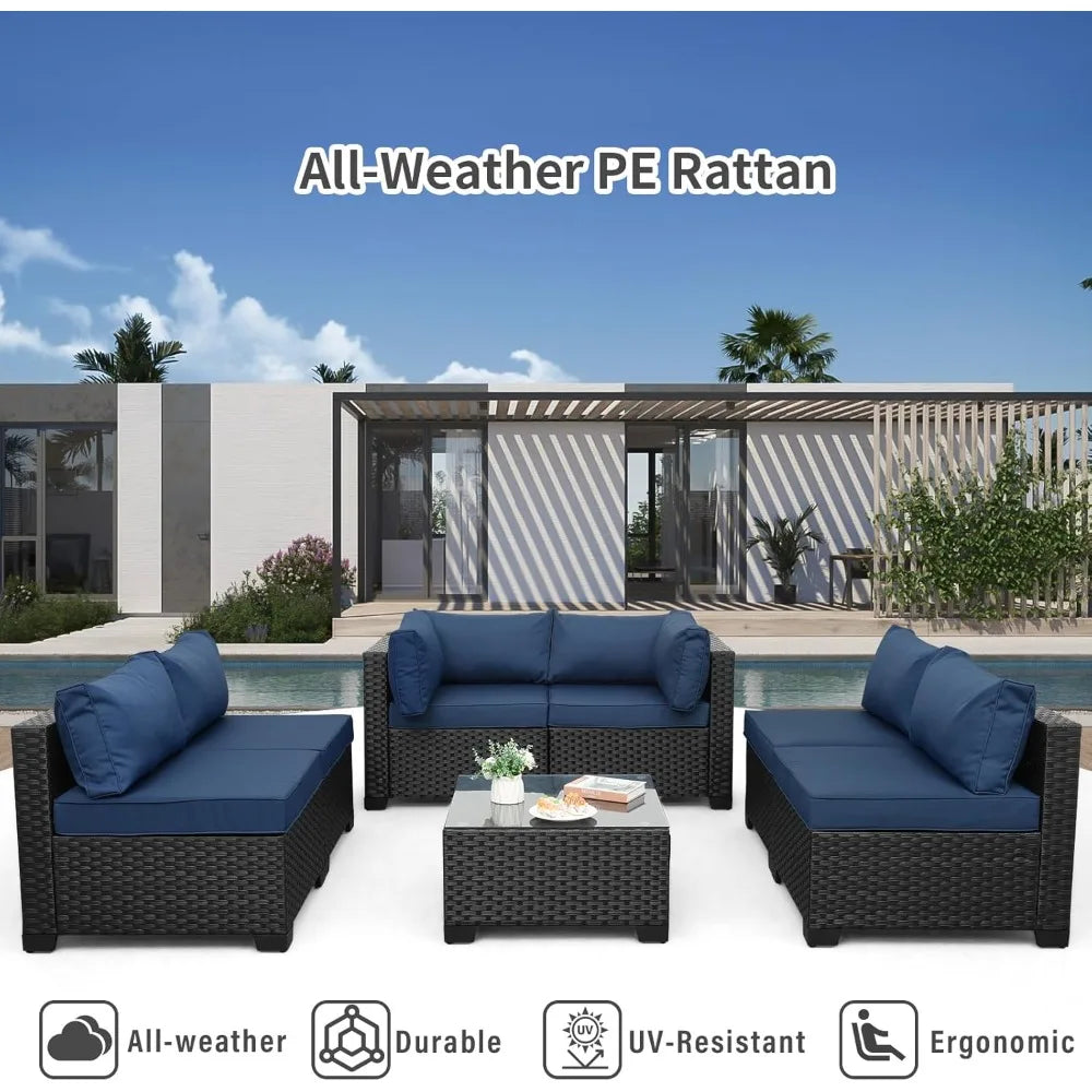 black rattan outdoor 7-piece wicker furniture set with navy blue washable cushions for patio sectional sofa
