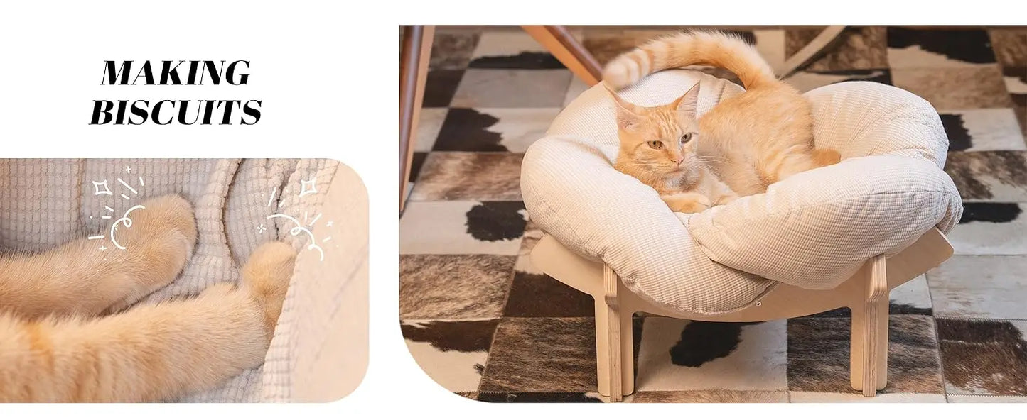 Elevated Cat Bed Wooden With Cushion Fluffy Pet Couch Sofa For Indoor Cats Raised Kitty Lounge Chair Suitable