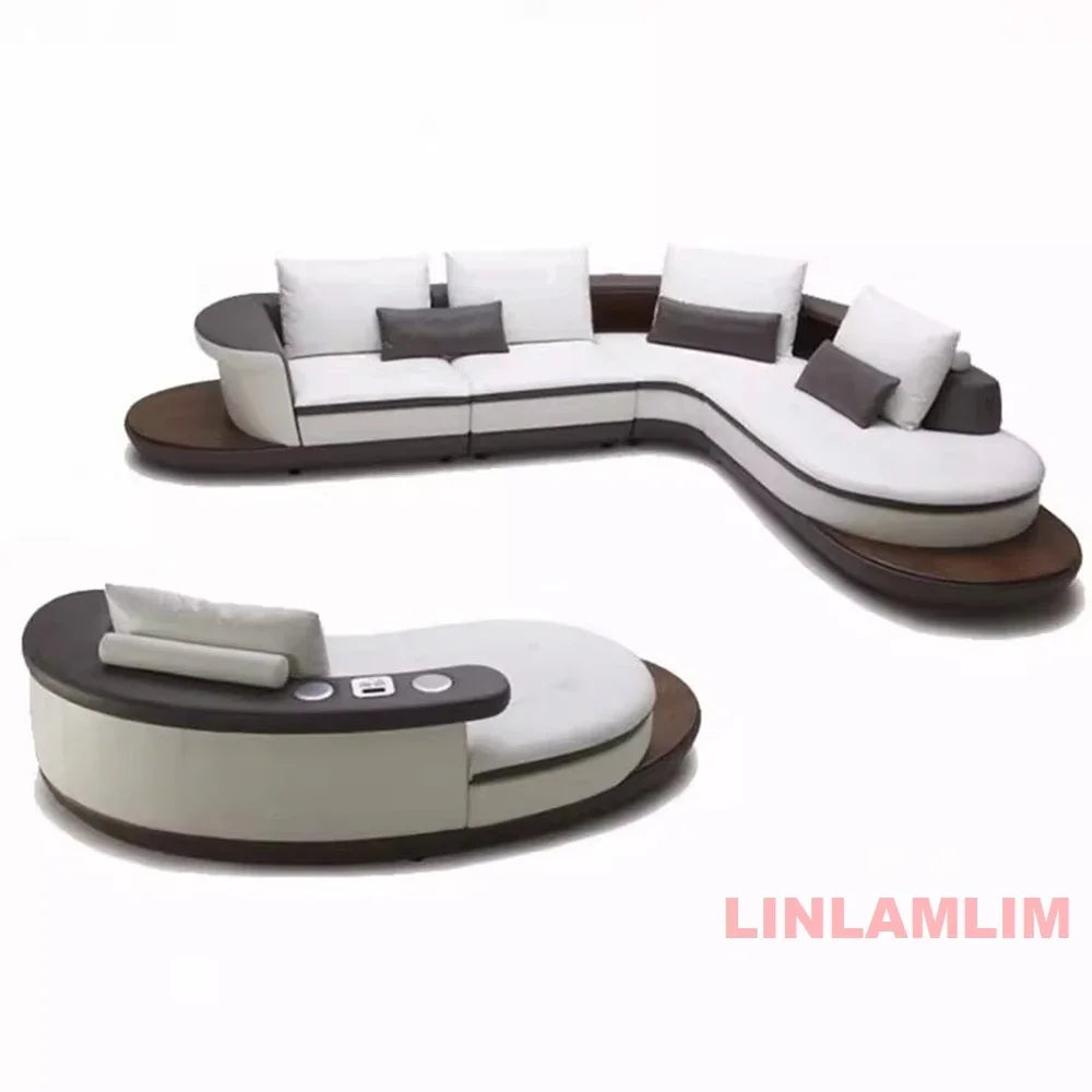 Modern Luxury Genuine Leather Sectional Sofa Set with Speaker and USB, U-Shaped Design Living Room Couch with Storage Shelves
