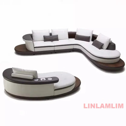 Modern Luxury Genuine Leather Sectional Sofa Set with Speaker and USB, U-Shaped Design Living Room Couch with Storage Shelves