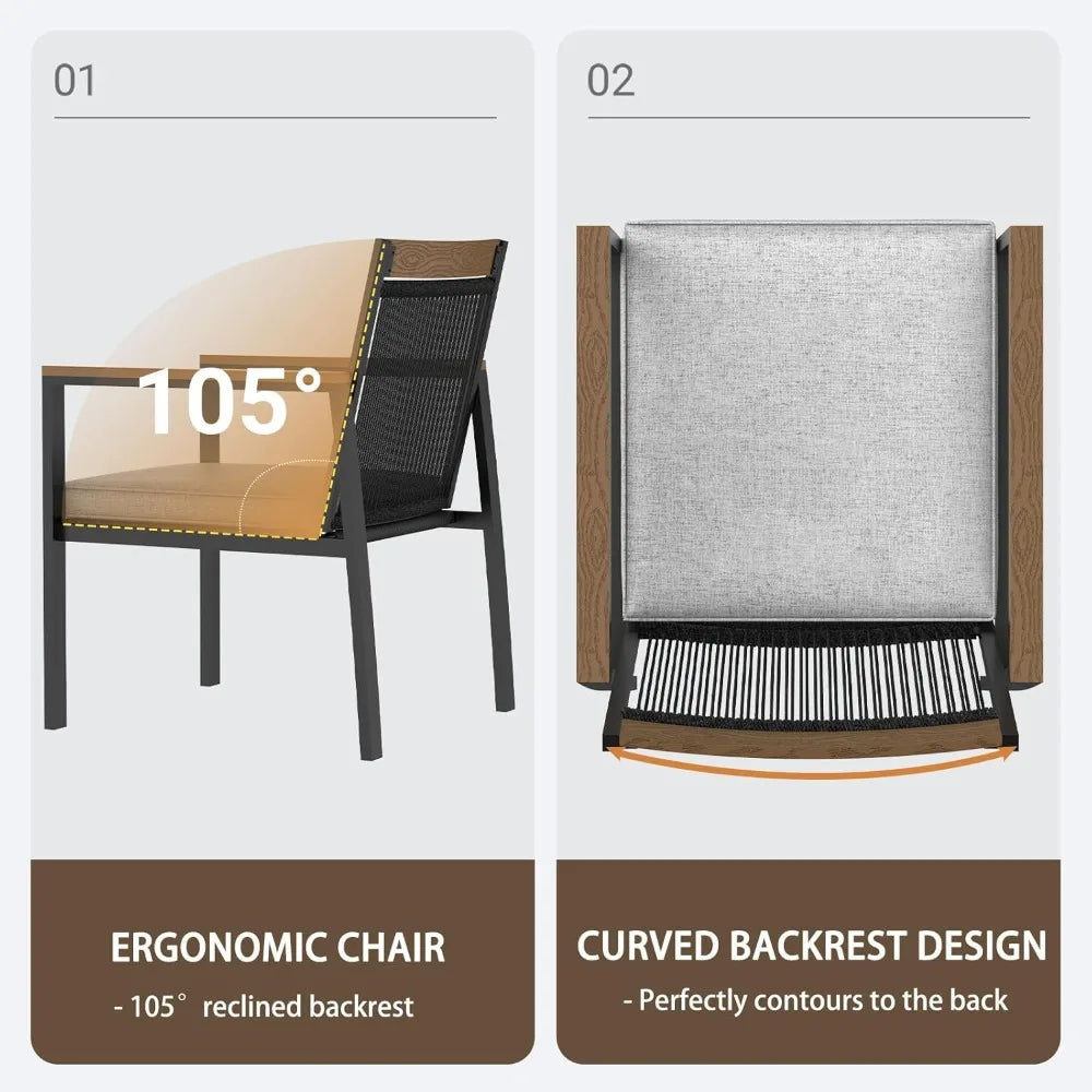 Outdoor Metal Dining Furniture Set with Umbrella Hole, Wood Grain Tabletop,，5-Piece Patio Dining Table and Chair Sets