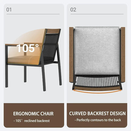 Outdoor Metal Dining Furniture Set with Umbrella Hole, Wood Grain Tabletop,，5-Piece Patio Dining Table and Chair Sets
