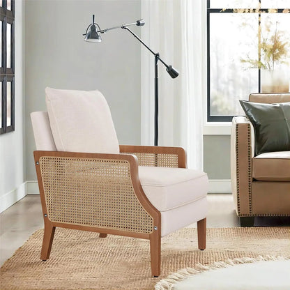 Mid Century Modern Accent Chair Upholstered Living Room Chairs Armchair with Rattan Armrest Comfy Reading Chair