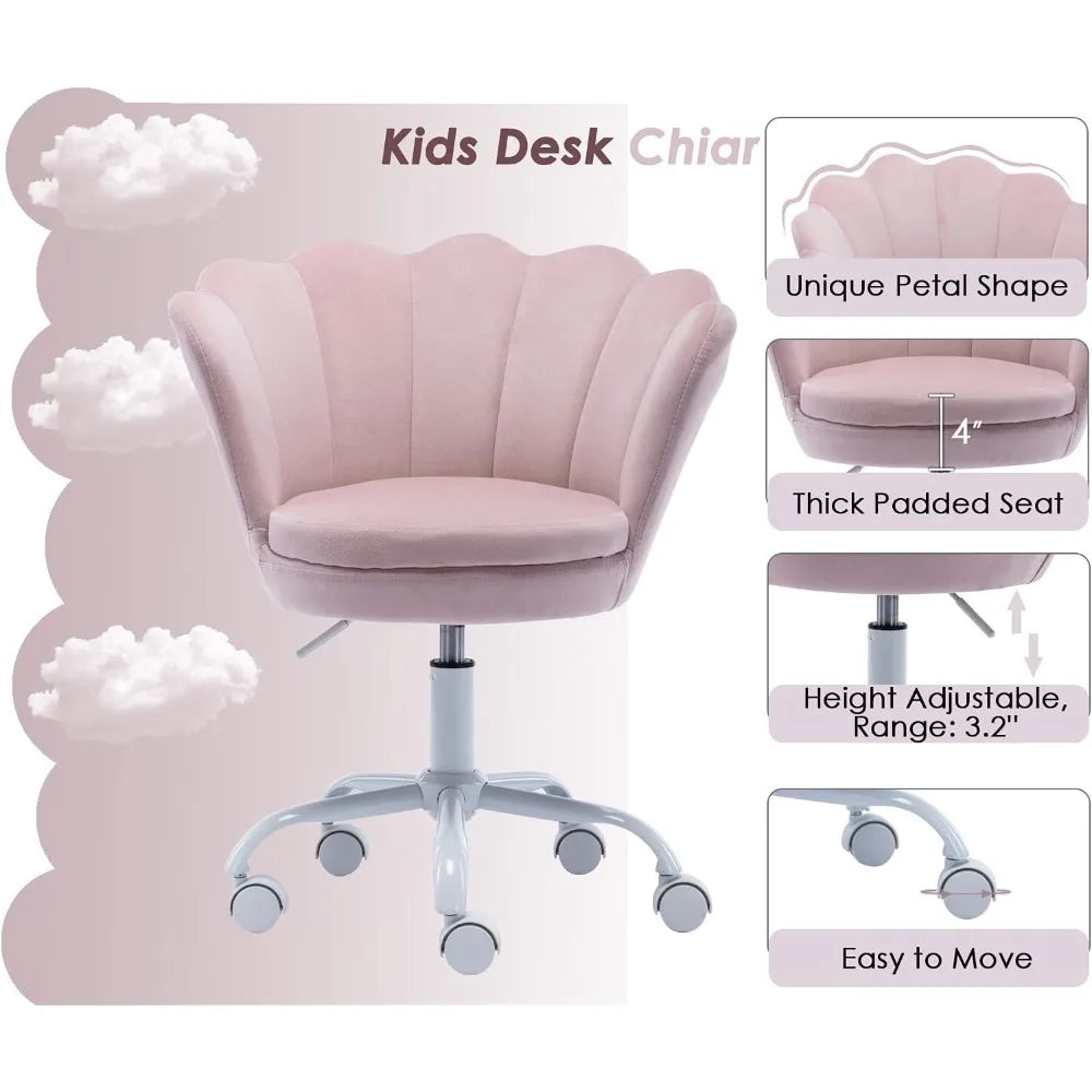 Cute Kids Desk Chair,Velvet Bedroom Chair Adjustable Child Computer Chair Swivel Shell Vanity Chairs for Girls Bedroom/Study Ro