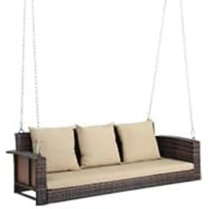 5FT Wicker Porch Swing for 3 Person, 1000lb Capacity Outdoor Hanging Bench with 3 Removable Cushions, Handwoven Weather-Resistan