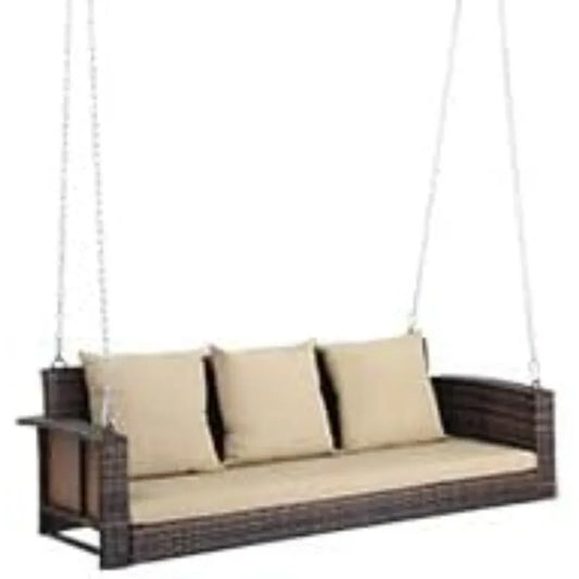 5FT Wicker Porch Swing for 3 Person, 1000lb Capacity Outdoor Hanging Bench with 3 Removable Cushions, Handwoven Weather-Resistan