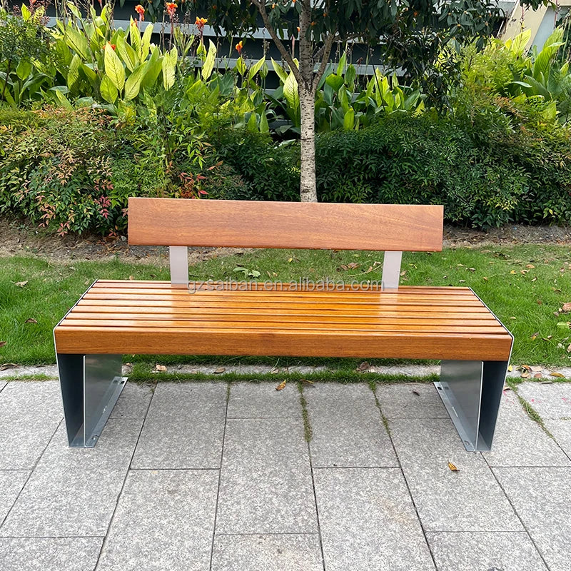 Banc urbain en métal au design moderne, mobilier de rue en bois pour parcs et lieux pour utilisation sur patio