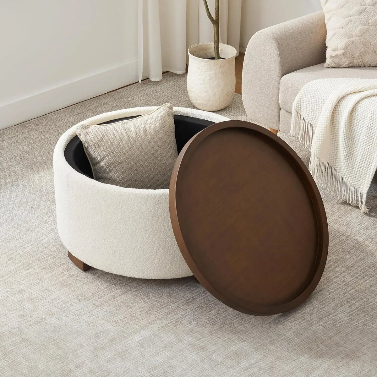 30 Inch Round Storage Ottoman Coffee Table, Modern Boucle with Lift-Off Lid & Solid Wood Legs, Beige