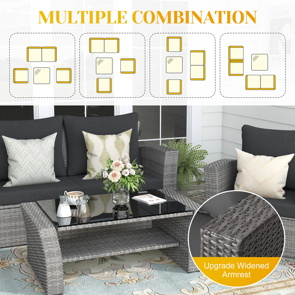 Extra Wide Armrest Outdoor Sofa Chair Modular Patio Sectional with Cushion Set Waterproof Garden Lounge Furniture for Terrace
