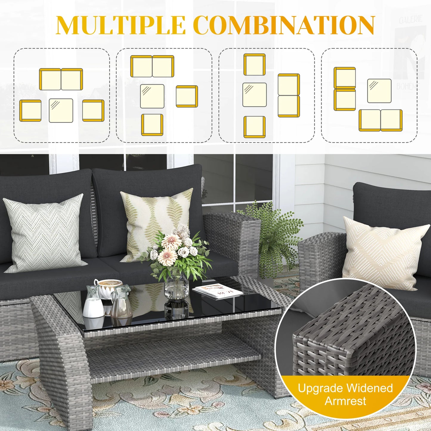 Extra Wide Armrest Outdoor Sofa Chair Modular Patio Sectional with Cushion Set Waterproof Garden Lounge Furniture for Terrace