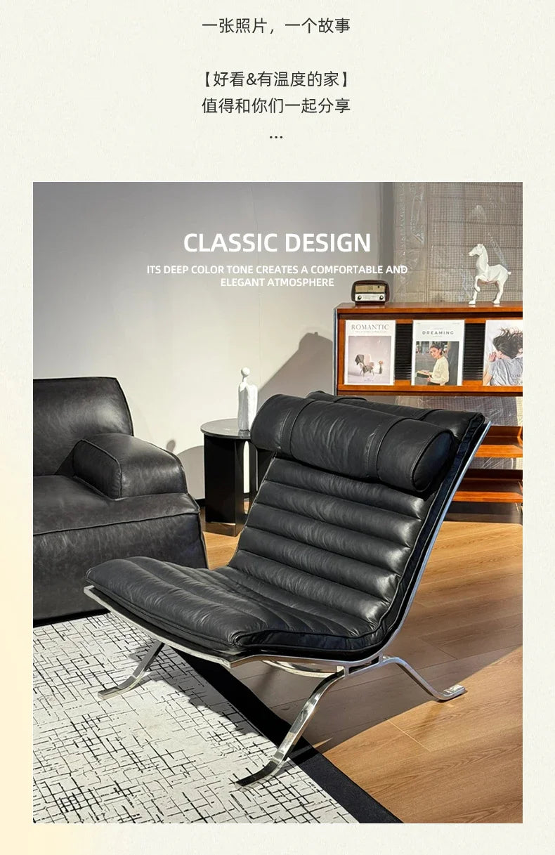 Mid-Century Modern Leather Lounge Chair, Minimalist Accent Leisure Chair with Chrome Metal Base, Retro Style for Living Room
