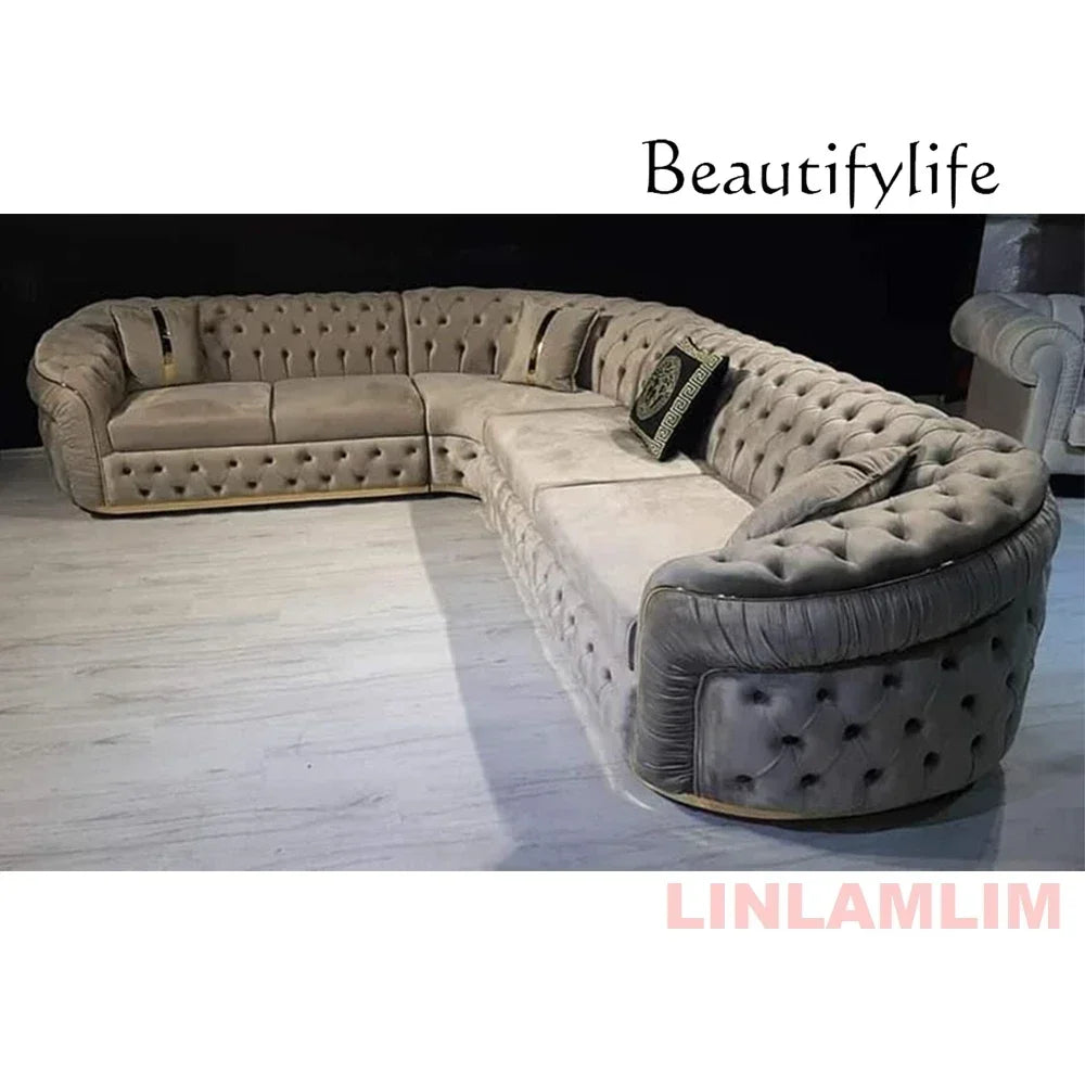 A Luxury Chesterfield Sectional Sofa Set With Cloth Buttons And Fabric Modular Couch With Gold Stainless Steel Base, 3-seater So