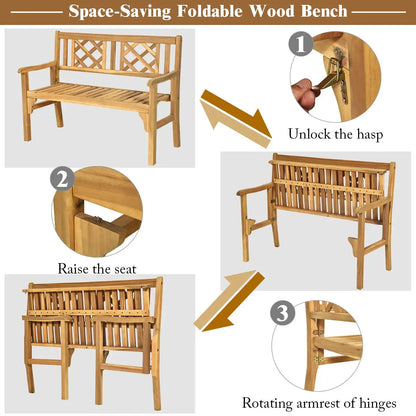 4 Ft Foldable Outdoor Bench, Acacia Wood Outside Loveseat with Curved Backrest and Armrest, Customized