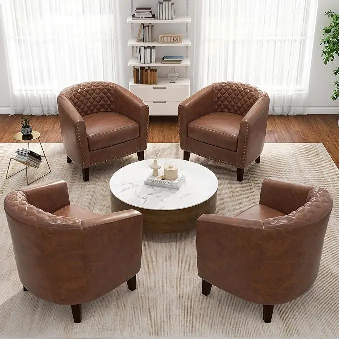 Faux Leather Barrel Accent Chairs Set of 4, Modern Club Arm Chair Comfy Upholstered Single Sofa Chair, Beige
