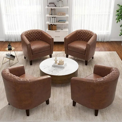 Faux Leather Barrel Accent Chairs Set of 4, Modern Club Arm Chair Comfy Upholstered Single Sofa Chair, Beige