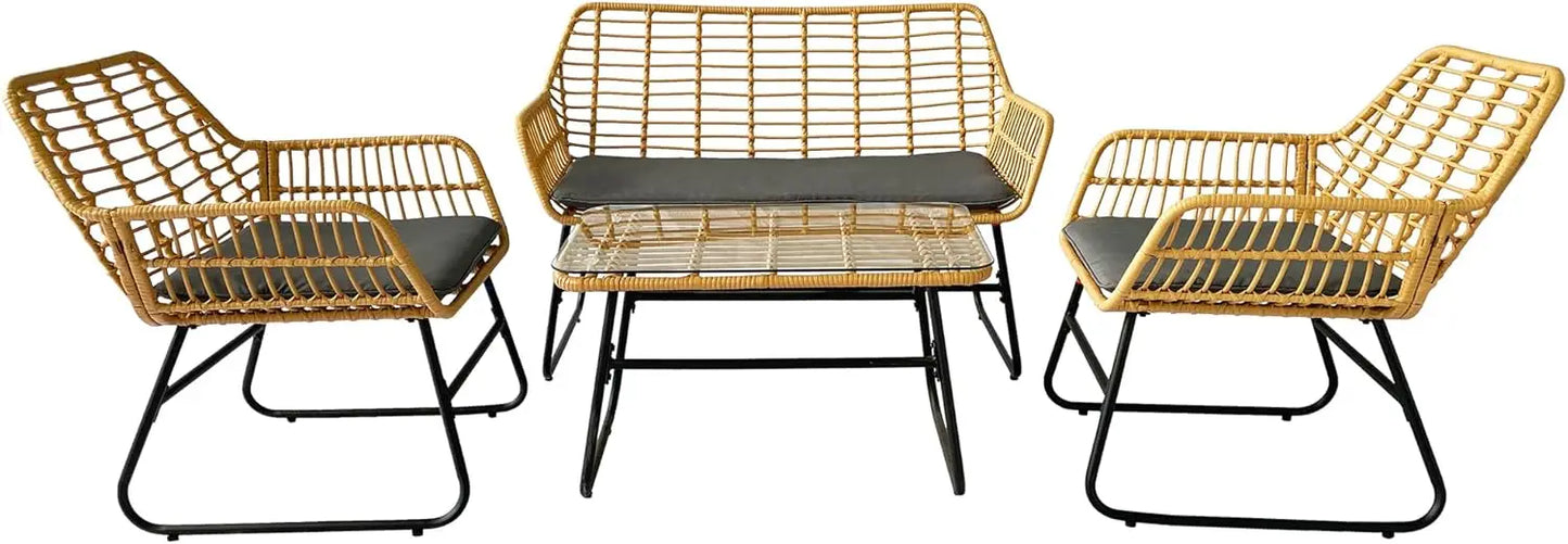 4-Piece Rattan Patio Furniture Set,Wicker Conversation Set for Garden,Porch,Yard and Poolside with White Soft Cushions