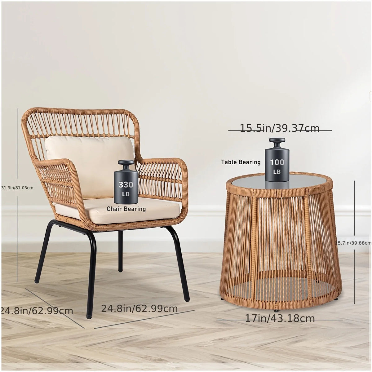 Boho-Inspired 3-Piece Outdoor Patio Set: Wicker Conversation Chairs with Beige Cushions + Round Tempered Glass Side Table — Lightweight, Weather-Resistant Design for Garden, Balcony, Deck or Porch Use