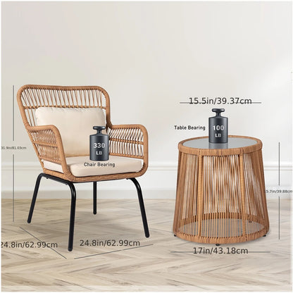 Boho-Inspired 3-Piece Outdoor Patio Set: Wicker Conversation Chairs with Beige Cushions + Round Tempered Glass Side Table — Lightweight, Weather-Resistant Design for Garden, Balcony, Deck or Porch Use