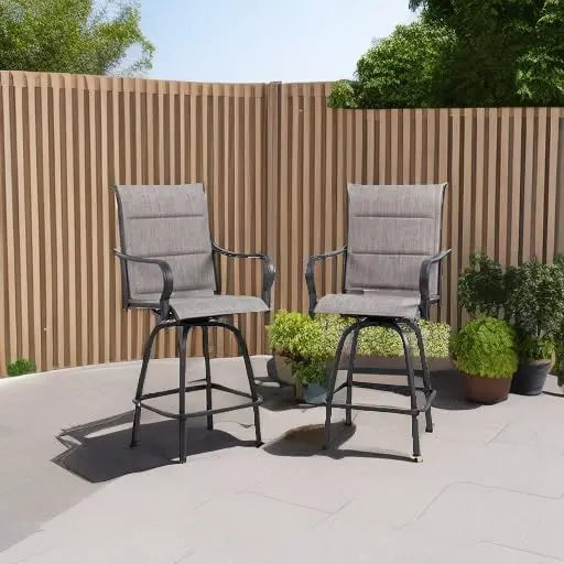 2-Piece Outdoor Swivel Bar Chairs, All-Weather Padded Sling Stools for Garden Patio Balcony, Gray