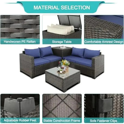 Outdoor Wicker Patio Furniture Set: Rattan Sectional Loveseat, Sofa with Storage Box, and Glass Top Table
