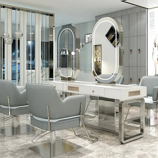 SS newBarber Shop Hair Salon Hair Salon with Socket Hot Dyeing with Light Stainless Steel Floor Dressing Table