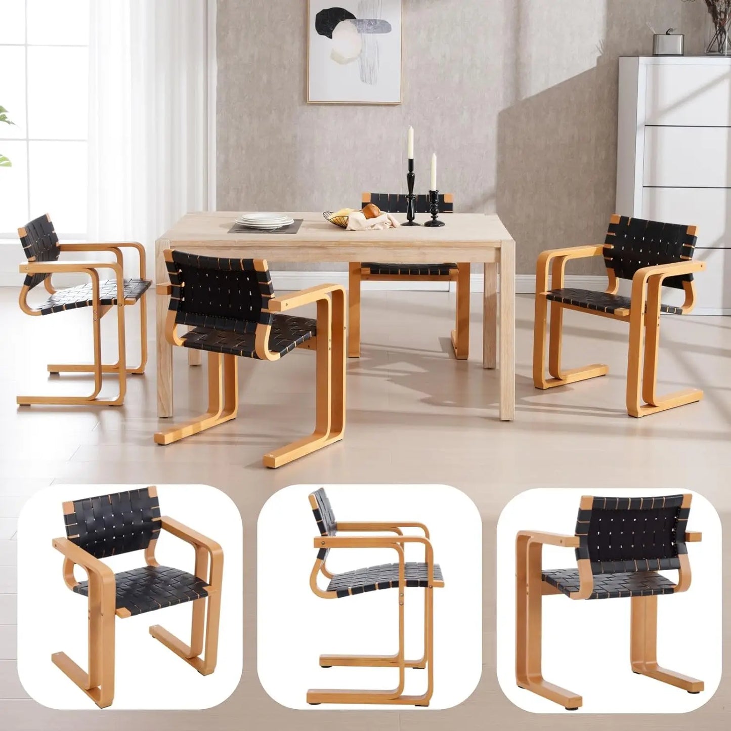 Dining Chair Black with Wooden Back Seat and Family Kitchen Cafe Restaurant Strap