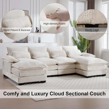 "110 inch chenille fabric u-shaped sectional sofa with double chaise and sleeper for comfortable living room seating"