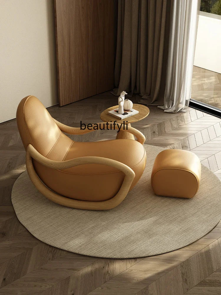 Household balcony leisure chair sofa solid wood rocking chair Chinese lazy sofa recliner environmentally friendly leather