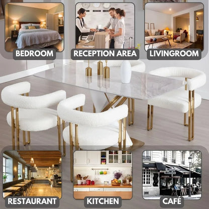 Set of 4 Barrel Dining Chairs, White Boucle Dining Room Chairs, Glam Side Chairs with Arms and Gold Chrome Legs, Sherpa Modern K