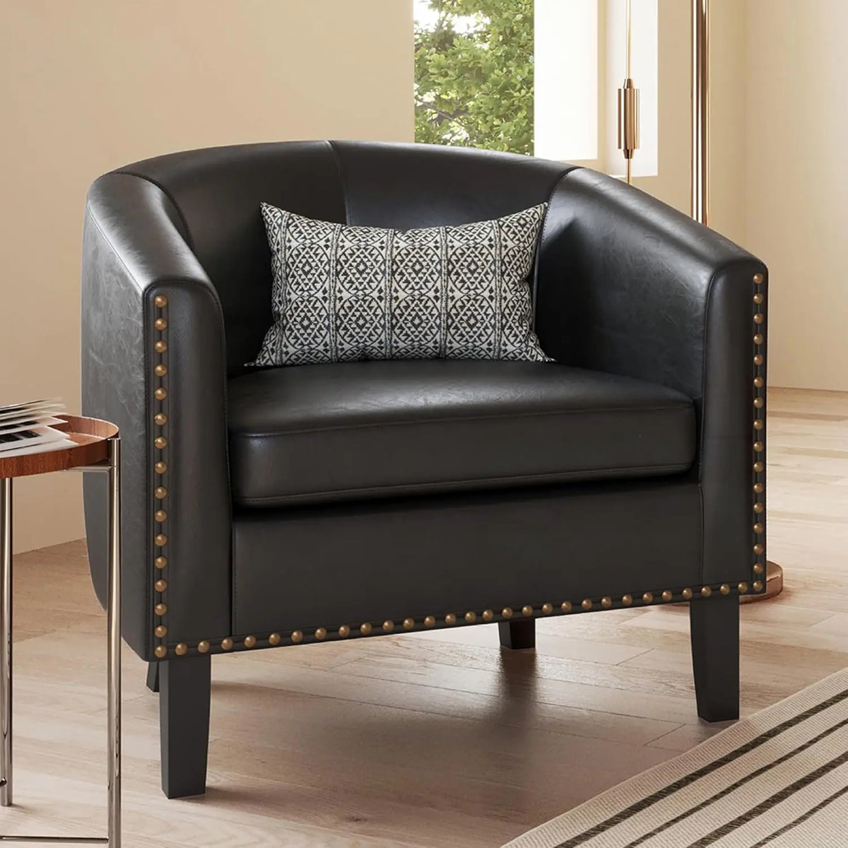 Modern Faux Leather Tub Club Chair, Upholstered Armchair with Gold Nailhead Accents and Black Legs