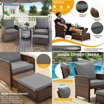 5-Piece Wicker Patio Furniture Set with Ottoman for Small Space Balcony Chairs and Footrest