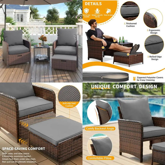 5-Piece Wicker Patio Furniture Set with Ottoman for Small Space Balcony Chairs and Footrest