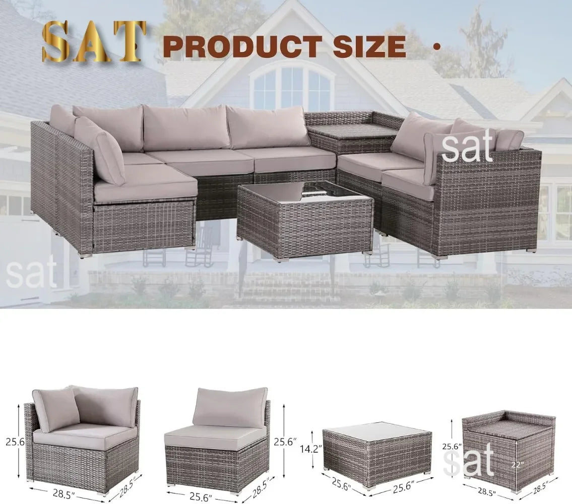A 8 Pieces Patio Furniture Set Wicker Outdoor Conversation Set Rattan Sectional Sofa Set w/Storage Box & Glass Coffee Table