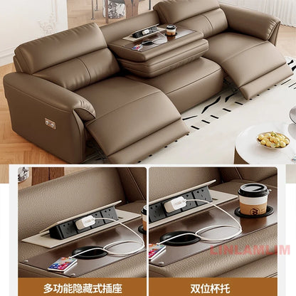 MINGDIBAO Modern Recliner Sofa with Hidden Foldable Tray Table and USB – Italian Genuine Leather Sectional Couch for Living Room