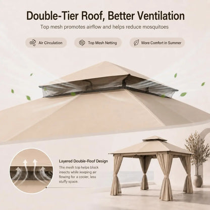 10'x13' Outdoor Gazebo, Heavy Duty Metal Patio Canopy Tent Shelter with Double Roof, Mosquito Netting & Privacy