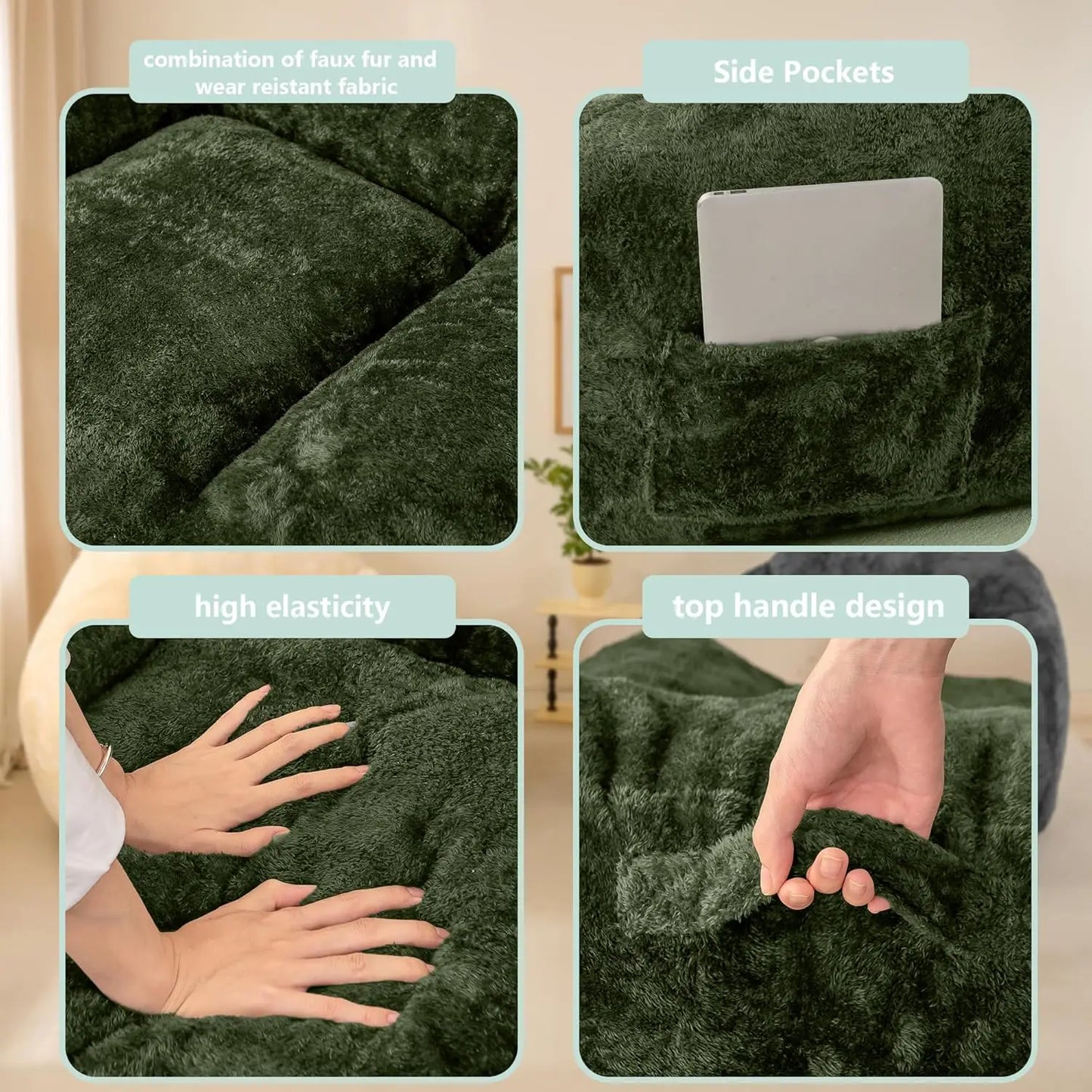 Bean Bag Sofa Chair for Adults, Beanbag Couch for Reading, Gaming, Relaxing, Soft and Durable Cover Lazy Sofa, Dark Green