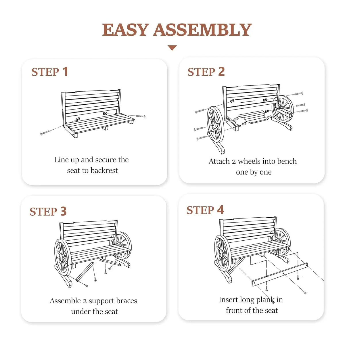 Outdoor Rustic Wooden Bench with Wagon Wheel Arms, 3 People Outdoor Bench Garden Bench Front Porch Furniture Patio, Customized
