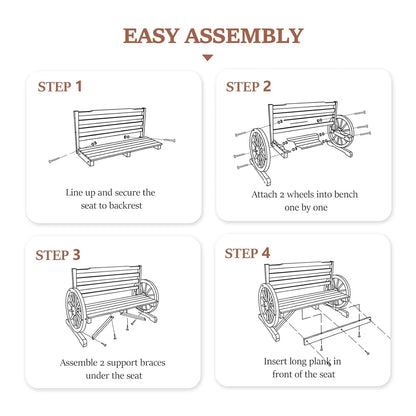 Outdoor Rustic Wooden Bench with Wagon Wheel Arms, 3 People Outdoor Bench Garden Bench Front Porch Furniture Patio, Customized