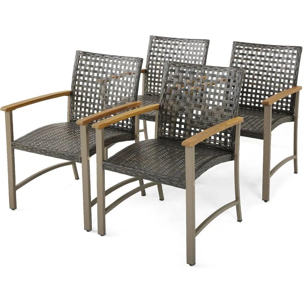 Patio Dining Chairs Set of 4, Outdoor PE Wicker & Heavy-Duty Metal Chairs with Acacia Wood Armrests, Outdoor Rattan Armchairs f