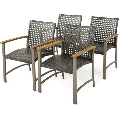 Patio Dining Chairs Set of 4, Outdoor PE Wicker & Heavy-Duty Metal Chairs with Acacia Wood Armrests, Outdoor Rattan Armchairs f