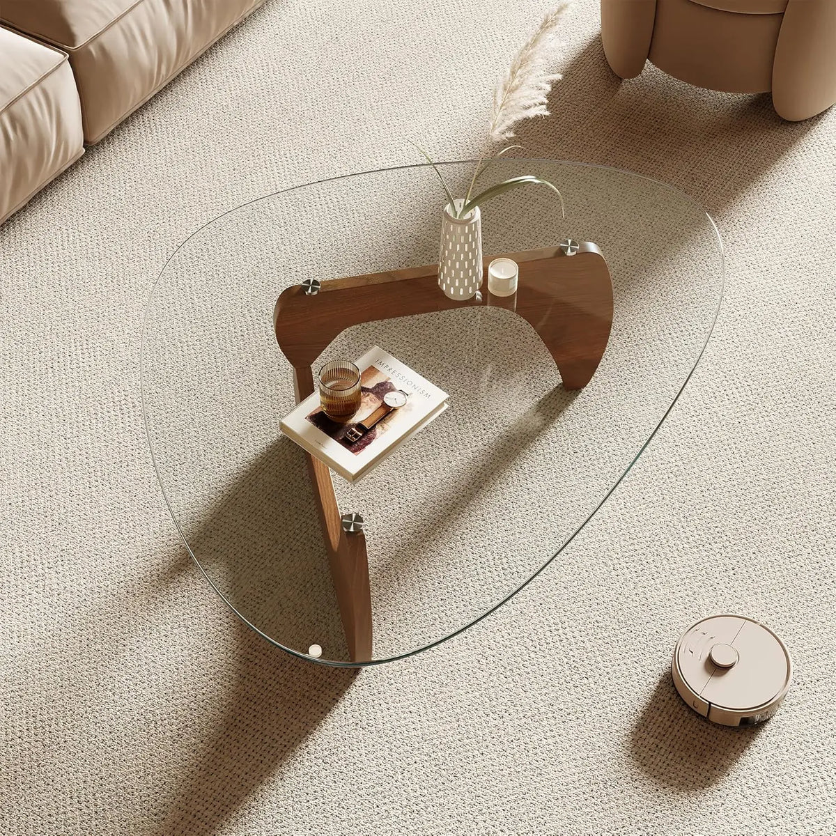 Table basse Morden, plateau triangulaire en verre trempé de 42,5