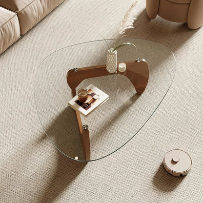 Table basse Morden, plateau triangulaire en verre trempé de 42,5" x 28,5" x 16,1" pour le salon, couleur : bois naturel