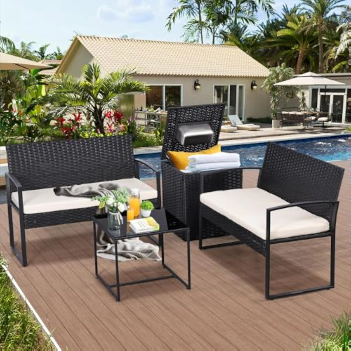 Outdoor Patio Furniture Set w/Built-in Beverage Cooler Storage Box & Coffee Table for Outside for Balcony