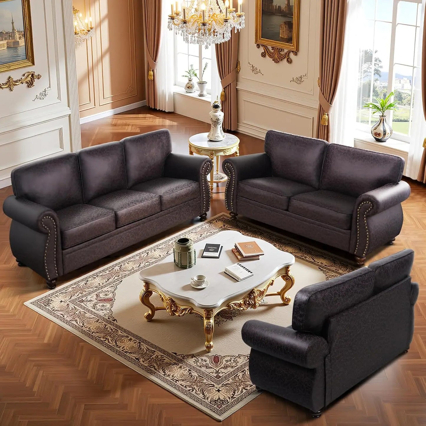Mid-Century Vintage 3-Seater Sofa Couches Rivet Design Removable Cover Upholstered Cushions Customized Living Room Furniture