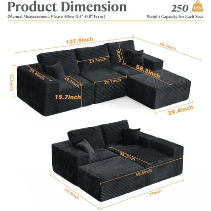 Modular Sectional Sofa Cloud Sectional Couch, 107" Comfy Fluffy L Shaped Dark Black Couches for Living Room