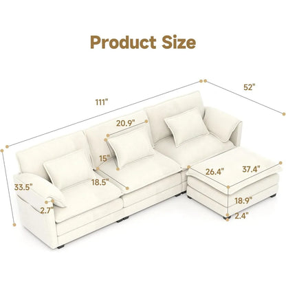 l-shaped chenille modular sectional sofa with movable ottoman, 6 pillows and 2 armrest cushions for living room